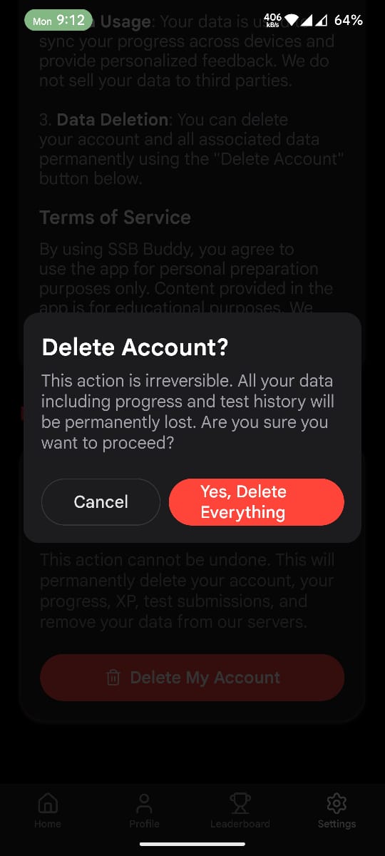 SSB Buddy account deletion confirmation modal