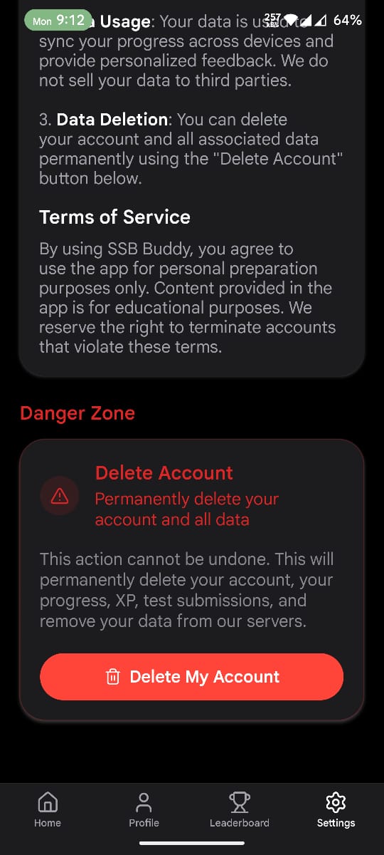 SSB Buddy Privacy and Data page screenshot